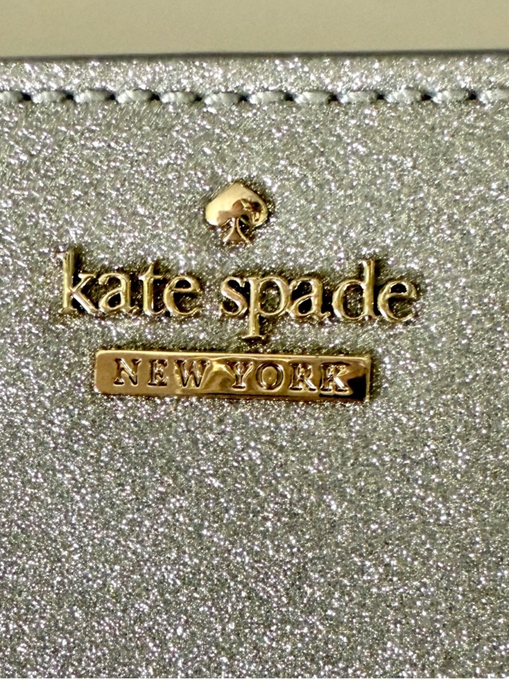 kate spade Silver Glitter  Bag with Gold Logo and Chain handle